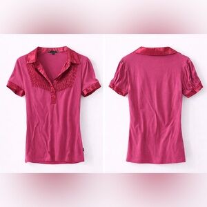 Women’s Fuchsia Button-Front Polo Blouse with Satin Trim